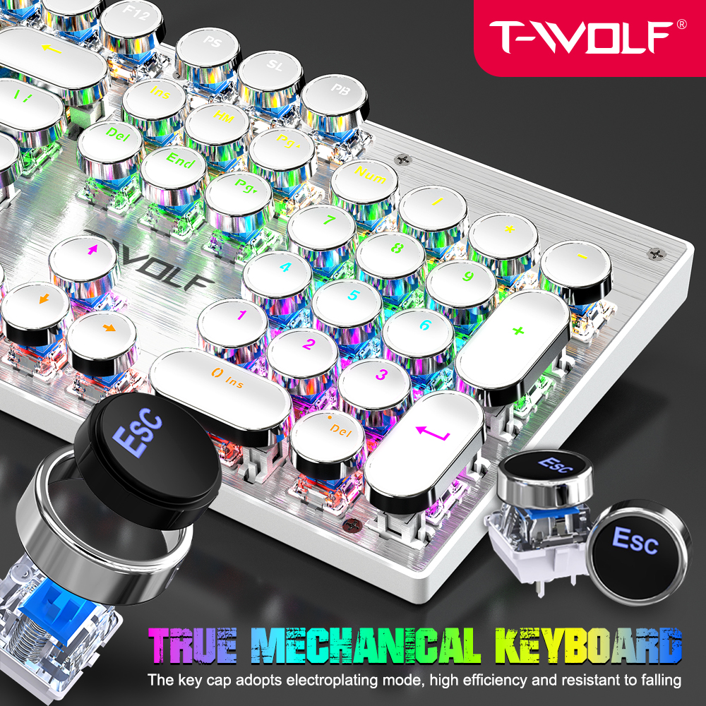 KEYBOARD T-WOLF T75 Phím cơ Punk mạ bạc Led USB White/Black/ Pink color ( 104 phím tròn ,Blue Switch, 9 chế độ Led ) Chính hãng